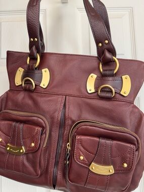 Women's Burgundy Leather Shoulder Bag with Gold Hardware
